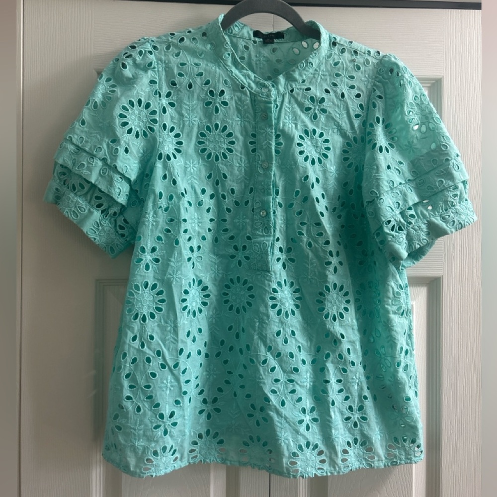 J. Crew Blouse Size M Mint Green Eyelet Puff Short Sleeve Top Cottage Core
